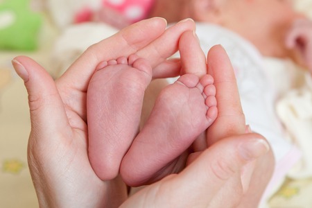 Baby legs. Legs newborn in parents hand の写真素材