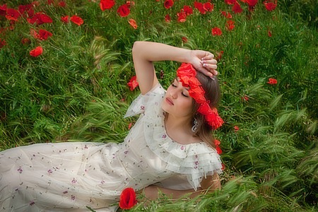 Lovely happy brunette woman, sitting in the poppy flower              の写真素材
