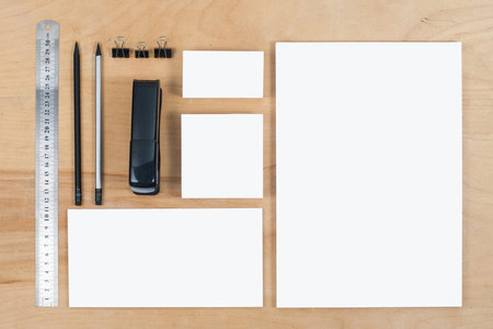 Photo. Template for branding identity. For graphic designers presentations and portfolios. On  wooden background.の写真素材