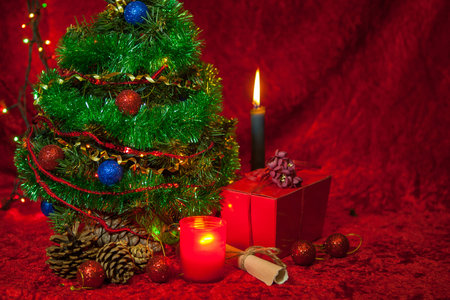 Christmas Holiday Background. New Year backdrop, Decoration. Christmas Tree decorated, burning...