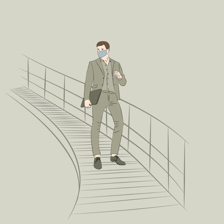 Young male businessman standing on stairs in mask with laptop. Quarantine and work, career. Vector illustrationのイラスト素材