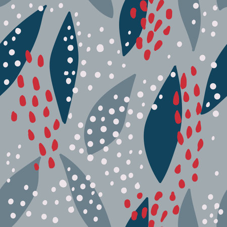Seamless repeating pattern with abstract leaf shapes in Gray, dark blue and white, red on Gray...