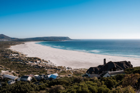 Birds view on a white sand beach with blue oceanの写真素材