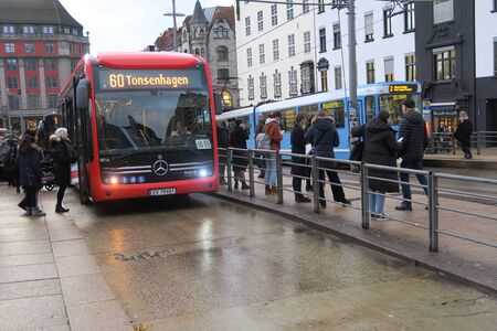 Oslo, Oslo / Norway - 1212 2019: This Electric Bus at Oslo Sentralstasjon is heading to the ferry terminal Akershusstranda. The terminal stop is called Vippetangen.のeditorial素材