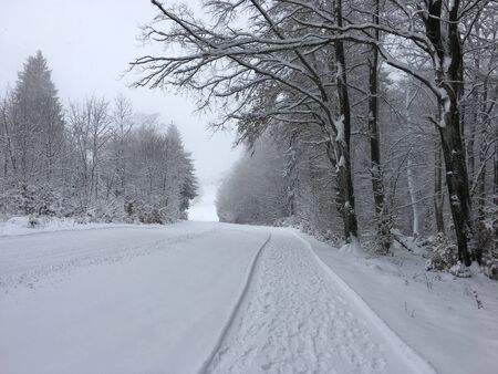 A prepared path for winter hiking on the Swabian Alb in Albstadtの写真素材