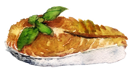 watercolor painting watercolor fish fillets on a white paper art backgroundの写真素材