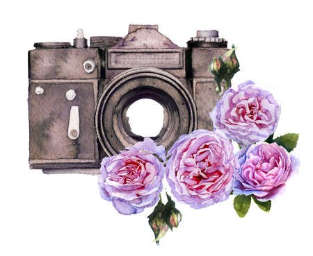 watercolor camera isolated on white backgroundの写真素材