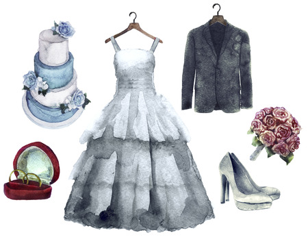 watercolor wedding set on a white backgroundの写真素材