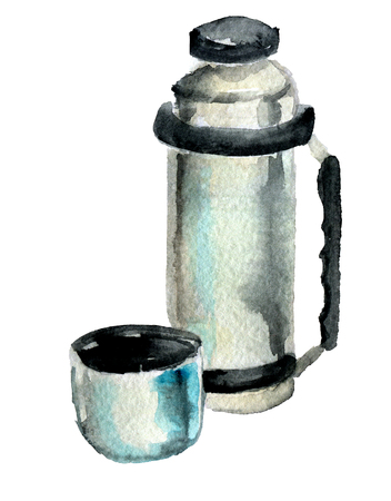 watercolor sketch of metal  vacuum flask on white backgroundの写真素材