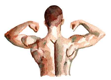 watercolor sketch of muscular athletic bodybuilder fitness model posing on the white backgroundの写真素材