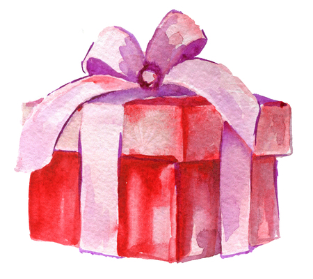 watercolor sketch of red gift box with white ribbon isolated on white backgroundの写真素材