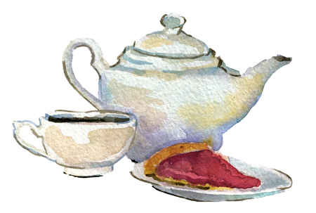 watercolor sketch of breakfast isolated on white backgroundの写真素材