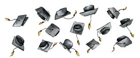watercolor sketch of throwing graduation hats isolated on white backgroundの写真素材