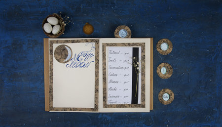 Book of shadows opened on a page with New Moon ritual. Preparation for scribing