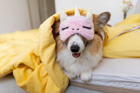 cute corgi dog in a mask for sleeping on the bed, large portrait, lifestyle, cute pet photosの写真素材