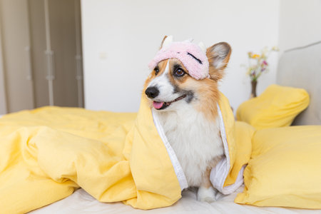 cute corgi dog in a mask for sleeping on the bed, large portrait, lifestyle, cute pet photosの写真素材