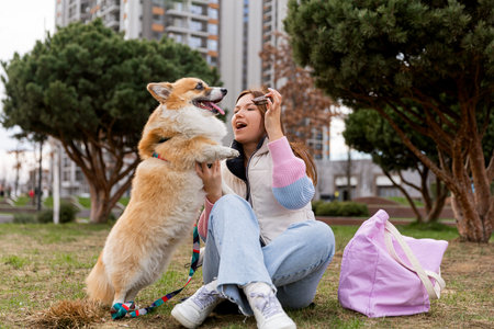 a cute young girl is playing with her corgi dog sitting on the grass in a park on the street. Walking the dog, lifestyleの写真素材