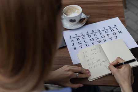 numerologist girl makes a calculation according to numerology, future by date of birth, find out her purpose with the help of numbers top viewの写真素材