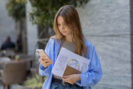 A numerologist girl with a numerological analysis and a phone in her hands. future by date of birth, find out her purpose with the help of numbersの写真素材