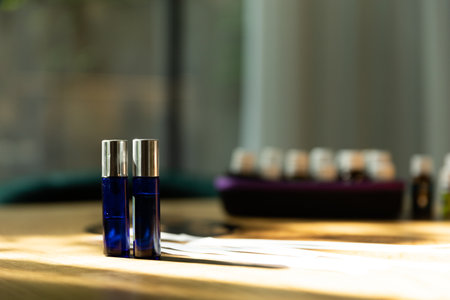Beautiful jars with a natural aroma of oils with blotters, top viewの写真素材