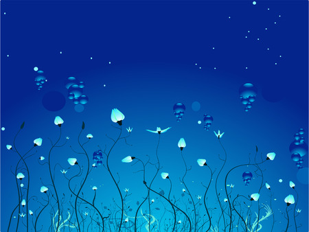 Mysterious underwater world with marine flowers, bubbles and a subtle background light. Radial and linear gradients. 8.のイラスト素材