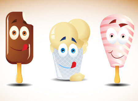 Vector illustration of 3 happy yumi ice creams. Can be used as icons. Radial and linear gradients onlyのイラスト素材