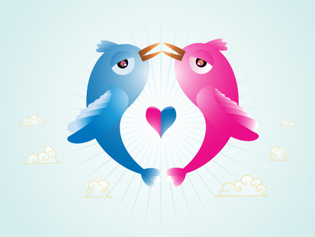 Abstract illustration of vector Birds in love with an heart in the middle. Linear and radial gradients only.のイラスト素材
