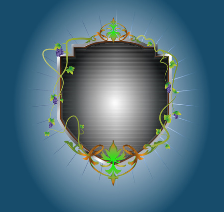 Design illustration of a metallic shield surrounded with foliage and leaves. All elements separated on individual layers. Linear and Radial gradients used.のイラスト素材