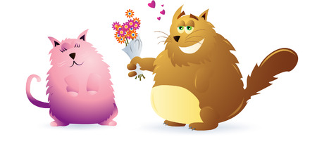 Vector illustration of a two fat cat, the male offering flowers to the female. Linear and radial gradients used. 8.のイラスト素材