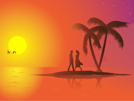A lonely couple in love on a small island. The sun is down and the mood is romantic. Linear and radial gradients used. 8 file easily editable.のイラスト素材
