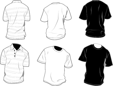 Set of polo and shirt, front and back, black and white. Shadow, seam and outline are separated, so it can be easily editable. Free space for your own art between outlines and shadows. 8.のイラスト素材