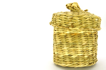 Wattled basket with a cover, a cylindrical form, from reed strawsの写真素材
