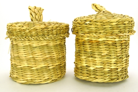 Wattled basket with a cover, a cylindrical form, from reed strawsの写真素材