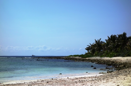 Palm trees on the bank of a sea bay, a cloud in the sky and the boat on the horizonの写真素材