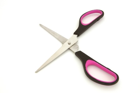 Scissors usual from steel, a ring black and lilac, openの写真素材