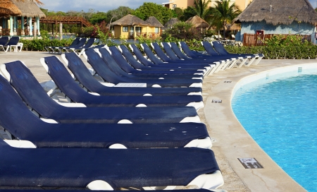 Plank beds and chaise lounges nearby on territories of the pool, a palm tree and other structures in a recreation areaのeditorial素材