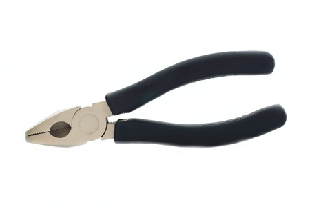 New metalwork nippers from steel with black handles on a white backgroundの写真素材