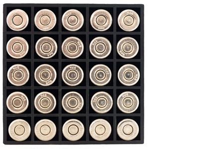 Pistol cartridges in square packing on a white backgroundの写真素材
