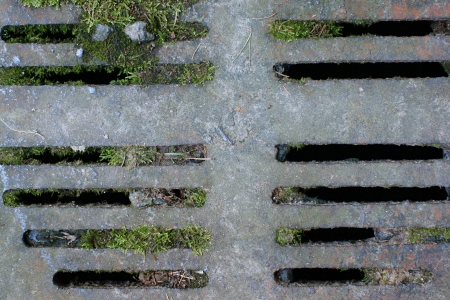 The old rusty water waste lattice from iron became covered by a mossの写真素材