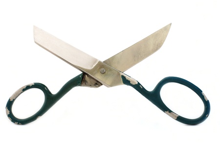 Old big scissors for tailors on a white backgroundの写真素材