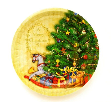 Decorative plate of  Merry Christmas , round tray with the festive drawing, isolated on a white backgroundの写真素材