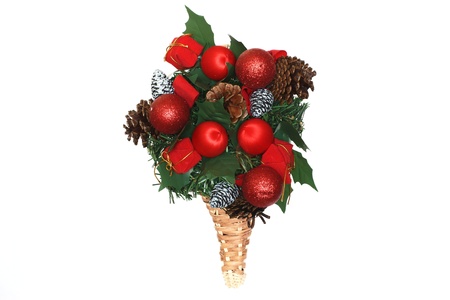 Bouquet for Christmas and new year; composition from Christmas tree decorations, balls, cones and gifts; isolated on a white backgroundの写真素材