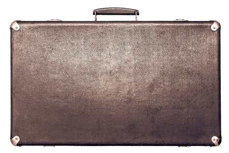 big old leather suitcase of terracotta color isolated on a white backgroundの写真素材