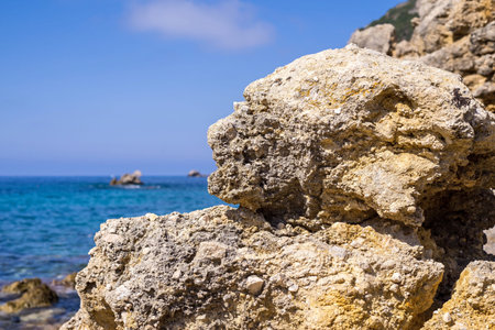 wild colourful landscape of rocky hills on the sea coast and a blank space for the textの写真素材
