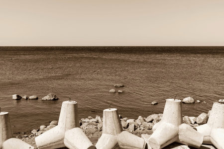 strengthening from concrete breakwaters on the bank of the sea gulf and the line of the horizon in a distance in sepia tonesの写真素材