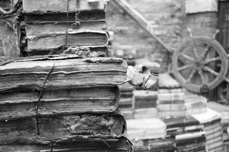 a lot of the old torn and shabby books closeup and an indistinct background of monochrome toneの写真素材