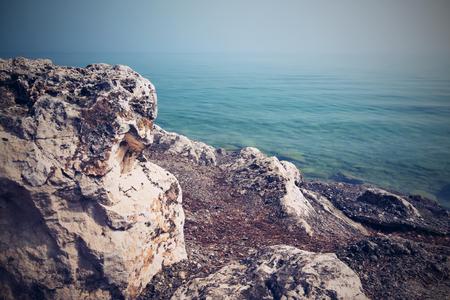 the rock or big boulder closeup against the sea and a blank space for the textの写真素材