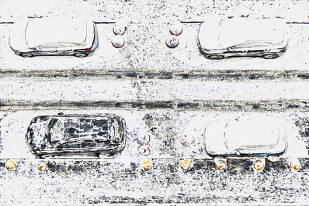 illustration of the parking of passenger automobiles and snowdrifts of snow in the yard on the winter streetの写真素材