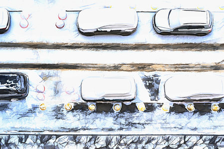 illustration of the parking of passenger automobiles and snowdrifts of snow in the yard on the winter streetの写真素材