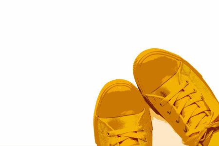 fashionable sports shoes or gym shoes a closeup of yellow color separately on a white backgroundの写真素材